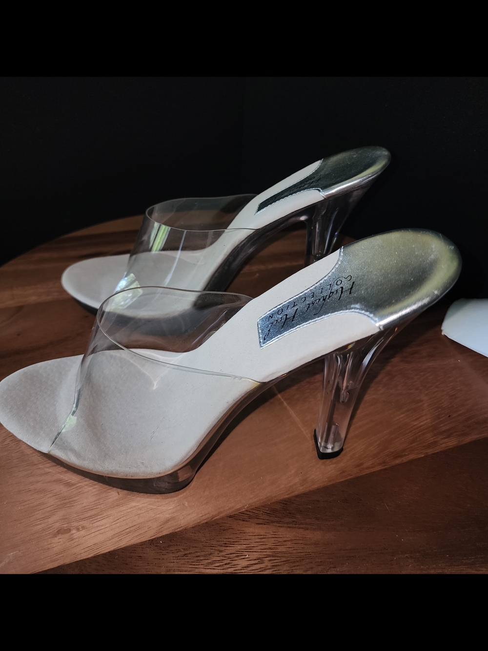 5" Heel Clear Slide Heels with Silver Footbed